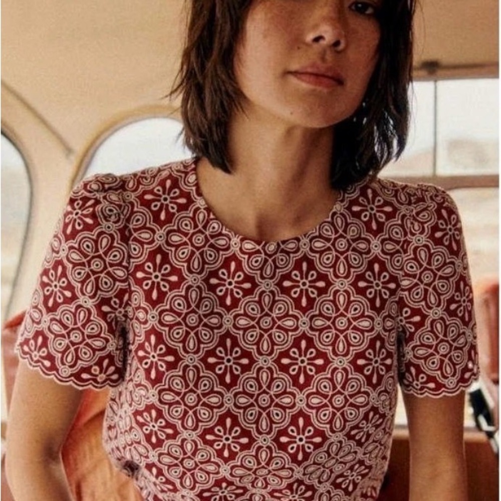 Sezane NWOT Annabelle Blouse Burgundy Ecru Eyelet Cotton Blend Top Sz 34/ US 2